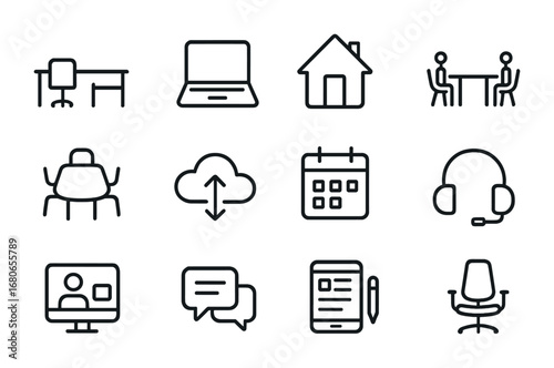 Hybrid Work Icon Set. Outline icon set of hybrid work models: office desk, laptop, house, coworking desk,
