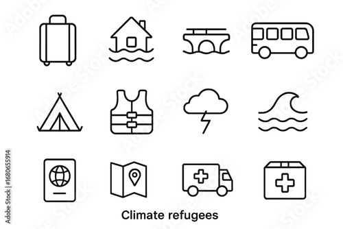 Climate Refugee Icons. Outline icon set of climate refugees: suitcase, flooded house, broken bridge,
