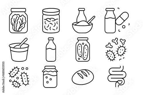 Fermented Foods Icons. Outline icon set of fermented foods: kimchi jar, sauerkraut, miso bowl, kefir bottle,
