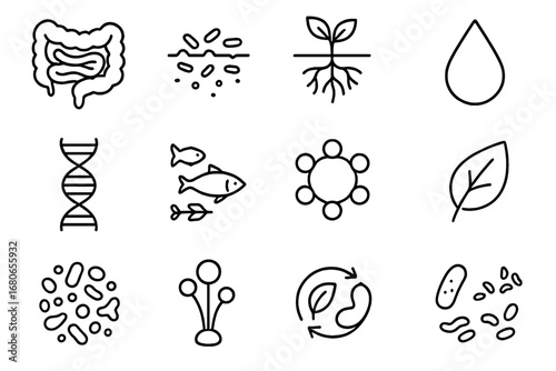 Microbiome Ecosystem Icons. Outline icon set of microbiome ecosystem: gut flora, soil bacteria, plant root,