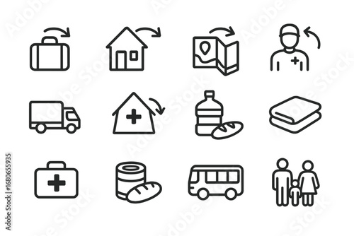 Safe Return Icons. Outline icon set of safe return after climate disaster: suitcase, home, map, aid worker,