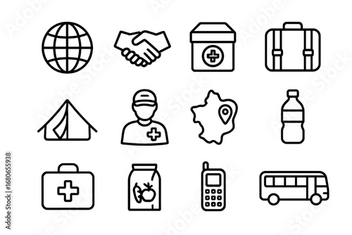 International Aid Icons. Outline icon set of international aid for climate refugees: globe, handshake, aid box