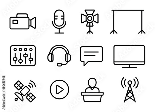 Esports Broadcast Icons. Outline icon set of esports broadcasting: camera, microphone, studio lights, green
