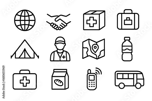 International Aid Icons. Outline icon set of international aid for climate refugees: globe, handshake, aid box