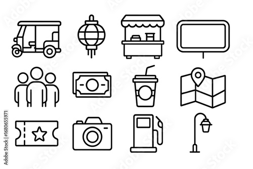 Tuk-Tuk Night Market Icons. Outline icon set of tuk-tuk in night markets: tuk-tuk, lantern, food stall, neon