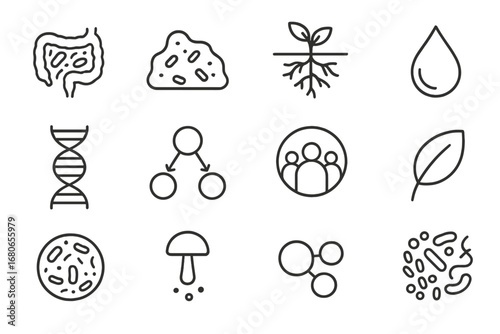 Microbiome Ecosystem Icons. Outline icon set of microbiome ecosystem: gut flora, soil bacteria, plant root,