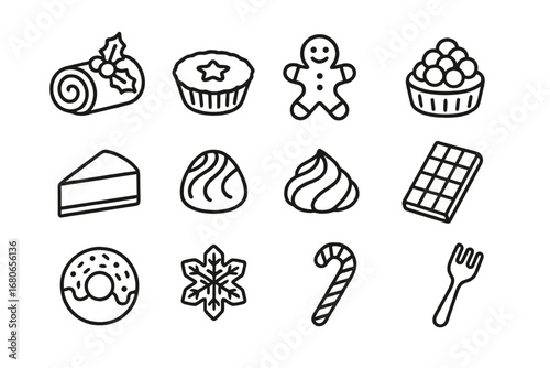Holiday Dessert Icons. Outline icon set of holiday buffet desserts: Yule log cake, mince pie, gingerbread