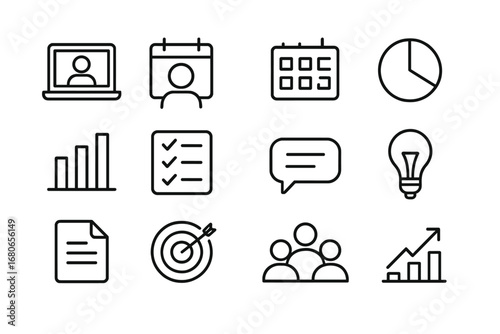 Remote Strategy Icons Set. Outline icon set of remote strategy meetings: laptop, video call screen, calendar,