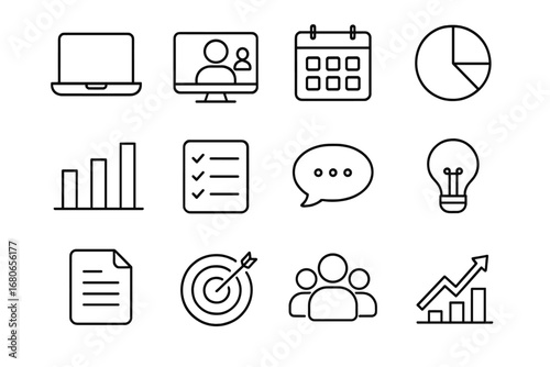 Remote Strategy Icons Set. Outline icon set of remote strategy meetings: laptop, video call screen, calendar,