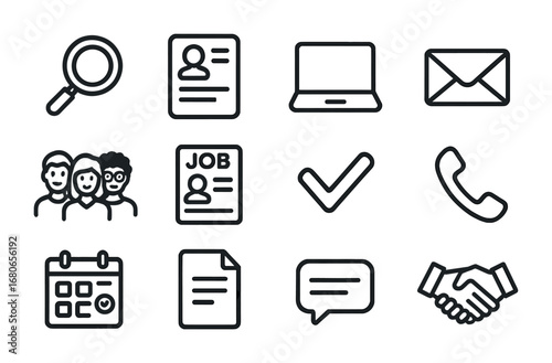 Remote Job Icon Set. Outline icon set of remote job search: magnifying glass, resume, laptop, email, diverse