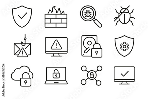 Cybersecurity Icons Set. Outline icon set of cybersecurity essentials: shield with check, firewall, virus scan