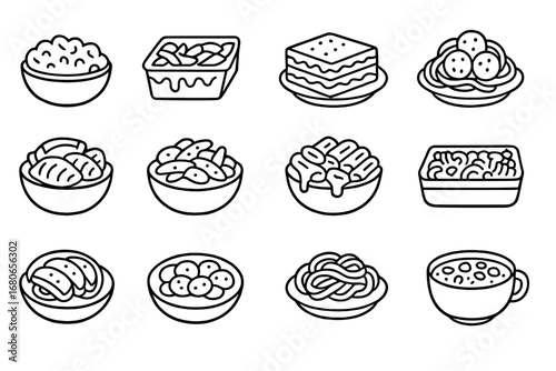 Comfort Food Pasta Icons. Outline icon set of green household habits: cloth drying line, eco detergent bottle,
