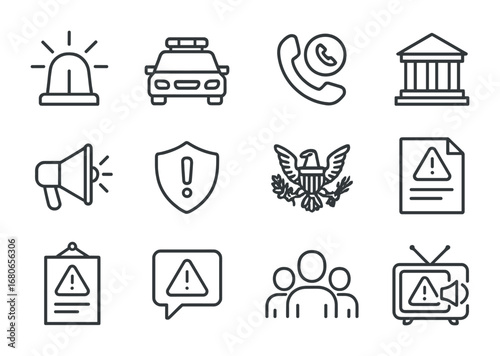 Government Crisis Alert Icons. Outline icon set of government crisis alerts: siren, police car, emergency