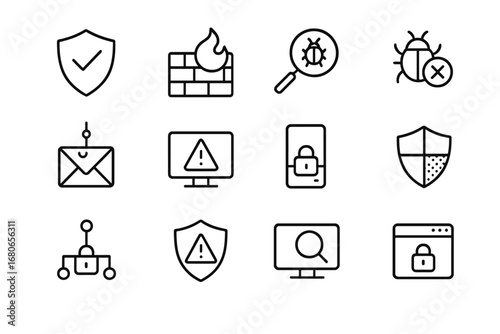 Cybersecurity Icons Set. Outline icon set of cybersecurity essentials: shield with check, firewall, virus scan