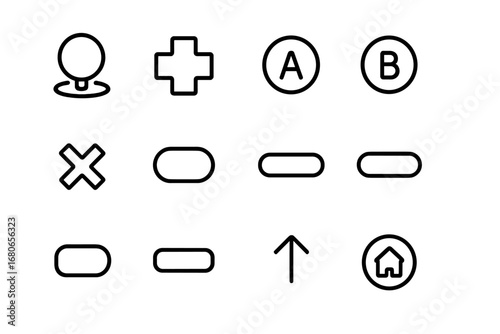 Gaming Controller Icons. Outline icon set of gaming controller buttons: joystick, D-pad, A button, B button, X