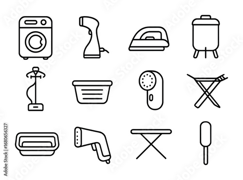 Portable Laundry Icons Set. Outline icon set of portable laundry appliances: mini washing machine, clothes