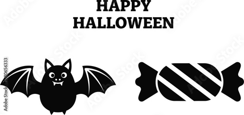Happy halloween with cute cartoon bat and wrapped candy for celebration, party decoration and design