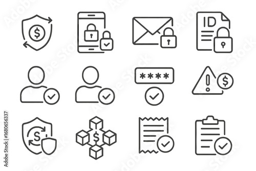 Secure Remittance Icons. Outline icon set of secure remittance systems: money transfer shield, secure mobile
