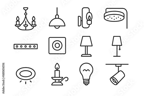 Dining Room Lighting Icons. Outline icon set of dining room lighting design: chandelier, pendant lamp, wall