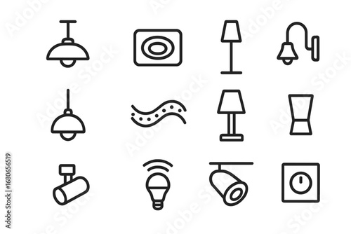 Minimalist Lighting Icons. Outline icon set of minimalist lighting: ceiling fixture, recessed lighting, floor