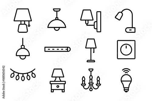 Bedroom Lighting Icons. Outline icon set of bedroom lighting design: bedside lamp, ceiling light, wall sconce,