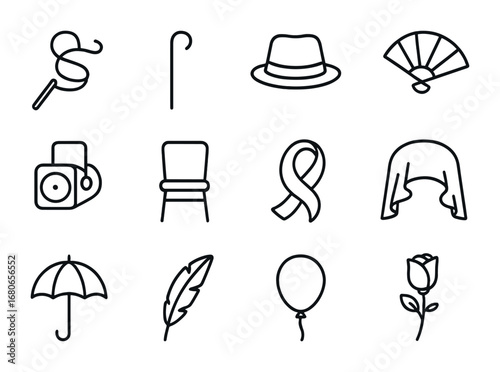 Dance Props Icons. Outline icon set of dance props: ribbon, cane, hat, fan, spotlight, chair, scarf, veil,