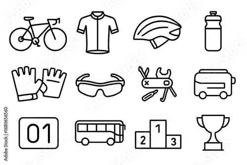 Cycling Team Icons. Outline icon set of professional cycling team: racing bike, team jersey, helmet, water