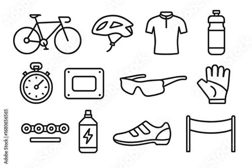 Cycling Race Icons. Outline icon set of competitive cycling race: racing bike, helmet, cycling jersey, water