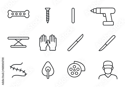 Surgical Tools Icon Set. Outline icon set of surgical bone repair: bone plate, screw fixation, metal rod,
