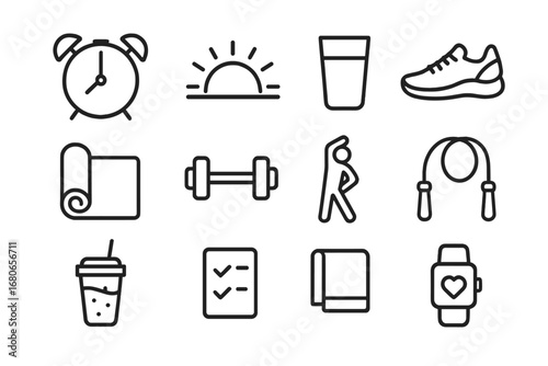 Morning Fitness Icons. Outline icon set of morning fitness routine: alarm clock, sunrise, glass of water,