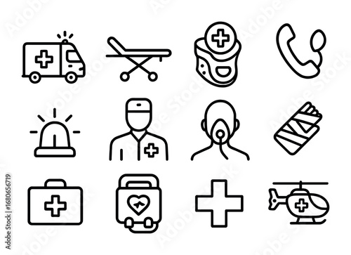 Emergency Response Icons. Outline icon set of emergency bone injury response: ambulance, stretcher, neck brace