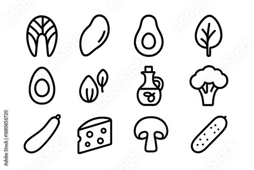 Low-Carb Foods Icons. Outline icon set of low-carb foods: salmon fillet, chicken breast, avocado, spinach leaf