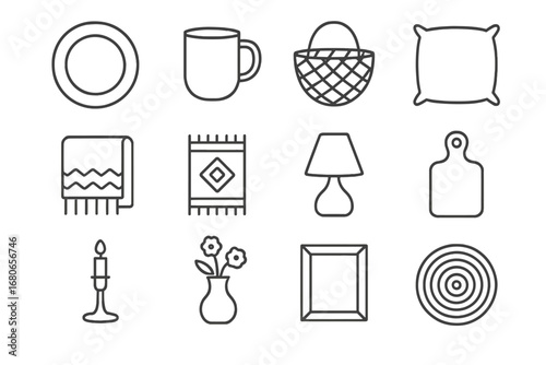 Handmade Home Goods Icons. Outline icon set of handmade home goods trade: ceramic plate, clay mug, basket,