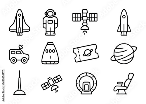Space Tourism Icons. Outline icon set of space tourism travel: space shuttle, astronaut, orbital station,