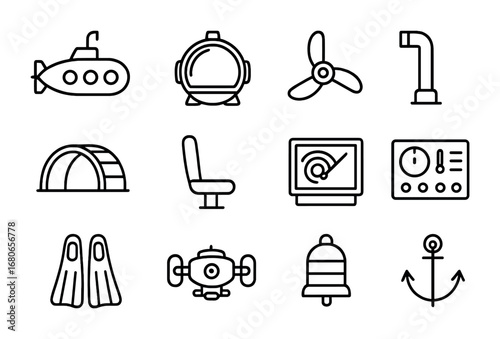 Underwater Transport Icons. Outline icon set of underwater transportation: submarine, glass pod, propeller,