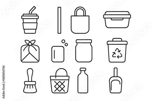 Zero-Waste Icons Set. Outline icon set of zero-waste product trade: reusable cup, bamboo straw, tote bag, food