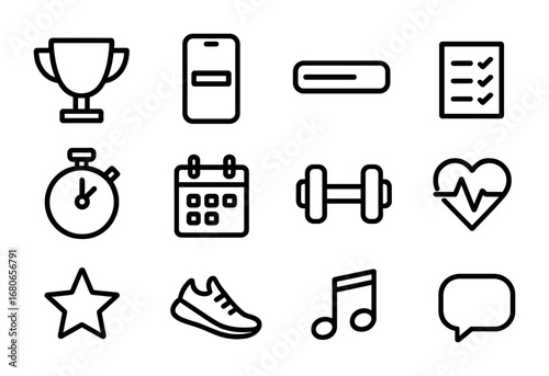 Fitness Challenge Icons. Outline icon set of fitness challenges apps: trophy, smartphone, progress bar,
