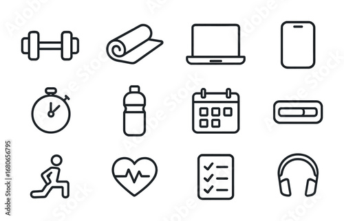 Home Fitness Icon Set. Outline icon set of home fitness training apps: dumbbell, yoga mat, laptop, smartphone,