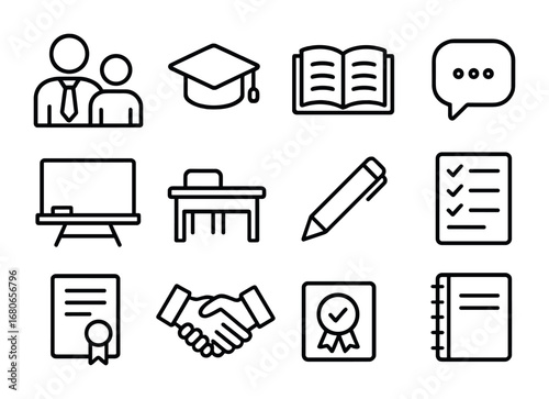Legal Mentorship Icons. Outline icon set of legal training and mentorship: mentor figure, trainee, graduation