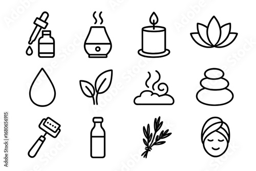 Essential Oils Icon Set. Outline icon set of essential oils: dropper bottle, diffuser, candle, lotus flower,