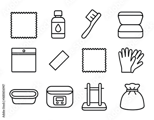 Jewelry Care Tools. Outline icon set of jewelry care: polishing cloth, cleaning solution, soft brush, storage