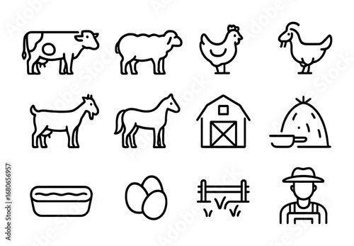 Livestock Farming Icons. Outline icon set of livestock farming: cow, sheep, pig, chicken, goat, horse, barn,