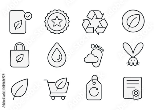 Ethical Shopping Icons. Outline icon set of ethical consumerism guides: eco label, fair trade badge, recycling