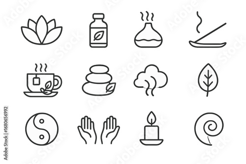 Holistic Healing Icons. Outline icon set of holistic healing: lotus flower, essential oil, diffuser, incense,