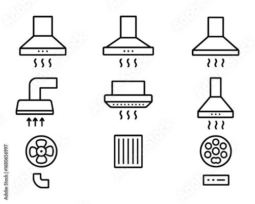 Range Hood Icon Set. Outline icon set of range hood vent: wall-mounted hood, island hood, under-cabinet hood,