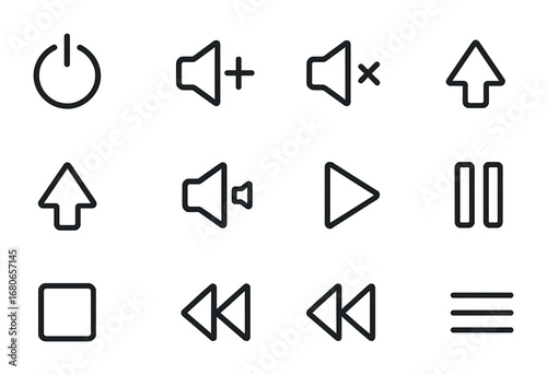 Remote Control Icon Set. Outline icon set of remote control button: power button, volume up, volume down,