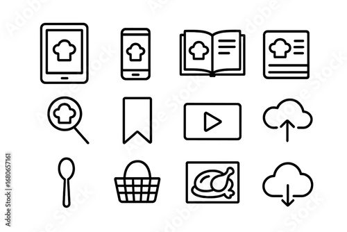 Digital Cookbook Icons. Outline icon set of vitamins and nutrients: vitamin bottle, capsules, supplement