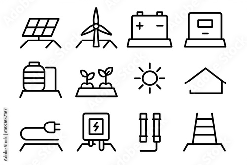 Hybrid Rooftop Icons. Outline icon set of hybrid renewable rooftops: solar panel, wind turbine, battery pack,