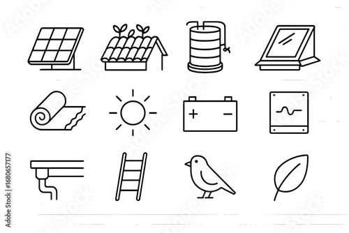 Eco Roof Icons. Outline icon set of eco-friendly roofing: solar panel, green roof plants, rainwater tank,