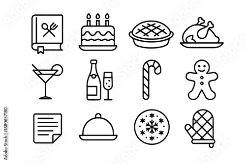 Festive Recipe Icons. Outline icon set of sustainable packaging: paper bag, glass bottle, metal tin,